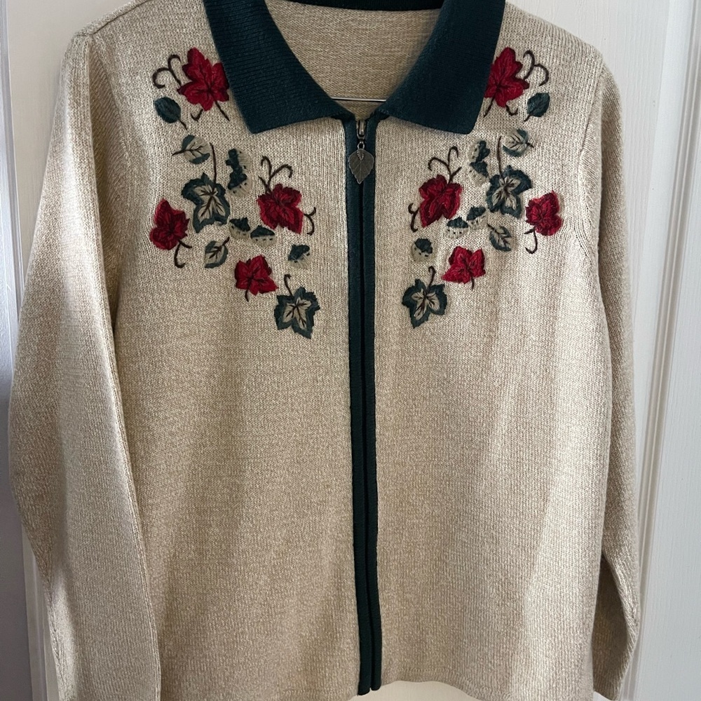 Vintage‎ Floral Embroidered Zip Up Cardigan Sweater Beige Green Leaf Pull L